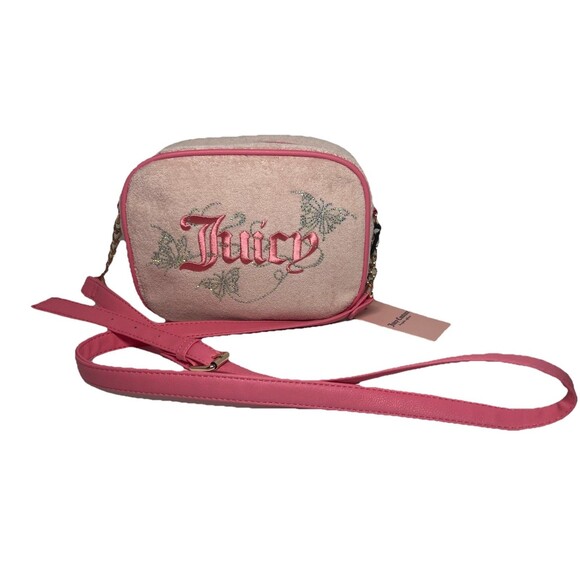 Juicy Couture Y2K Logo Pink Retro Crossbody Bag Glitter Butterflies  Chain - Picture 1 of 11
